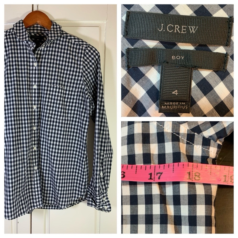 J Crew Gingham Shirt Women 4‎ Check Blue White Classic Preppy Church School